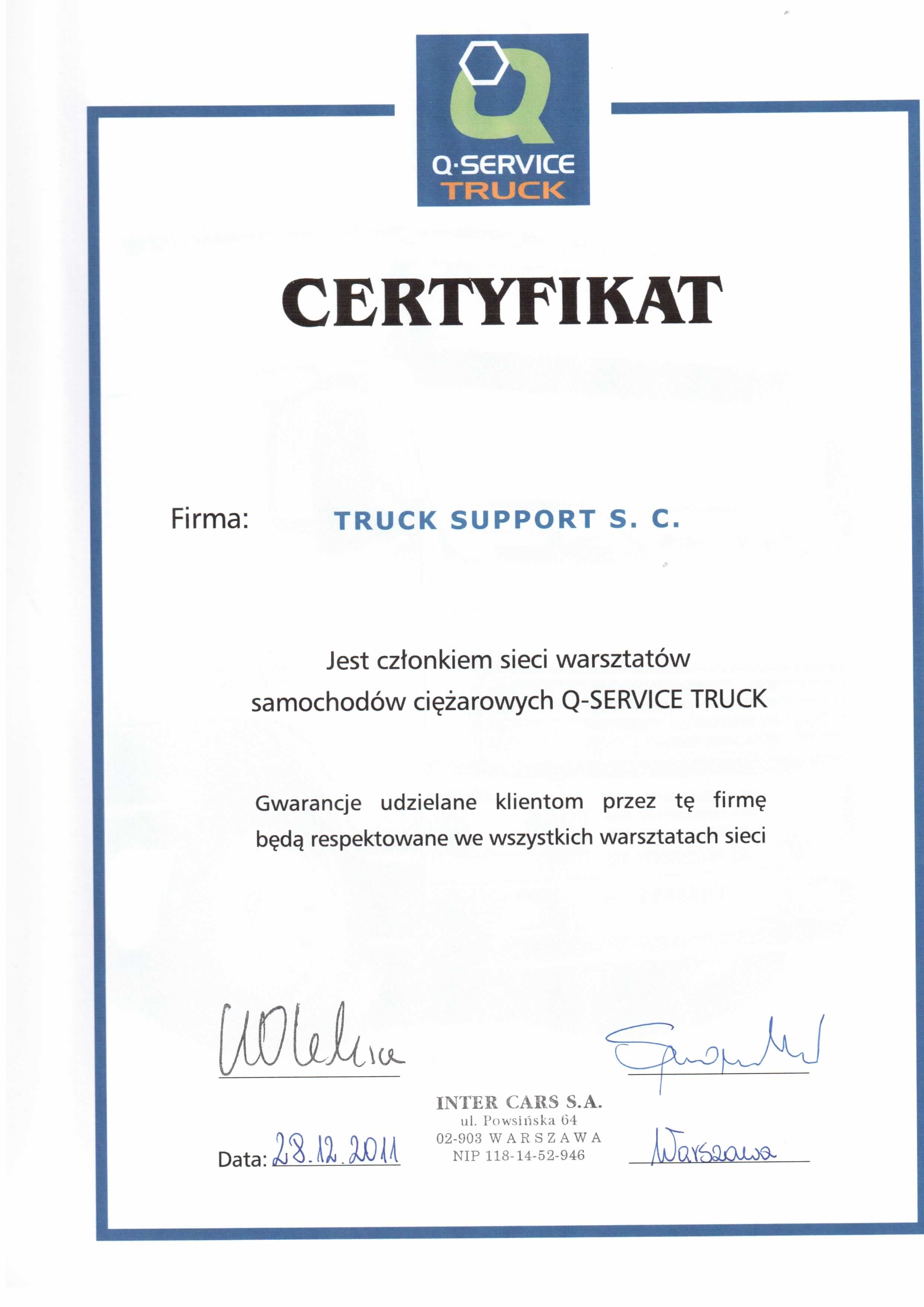 Certyfikat Q-Service Truck